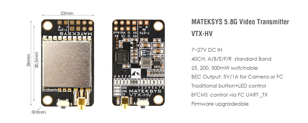 Matek Systems VTX-HV 5.8G 40CH 25/200/500mW Switchable Video Transmitter with 5V/1A BEC for FPV Racing Drone