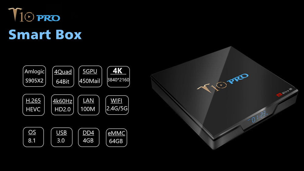 T10 PRO Amlogic S905X2 Android 8.1 4GB DDR4 64GB eMMC 4K TV Box with LED Display Dual Band WiFi Bluetooth LAN USB3.0
