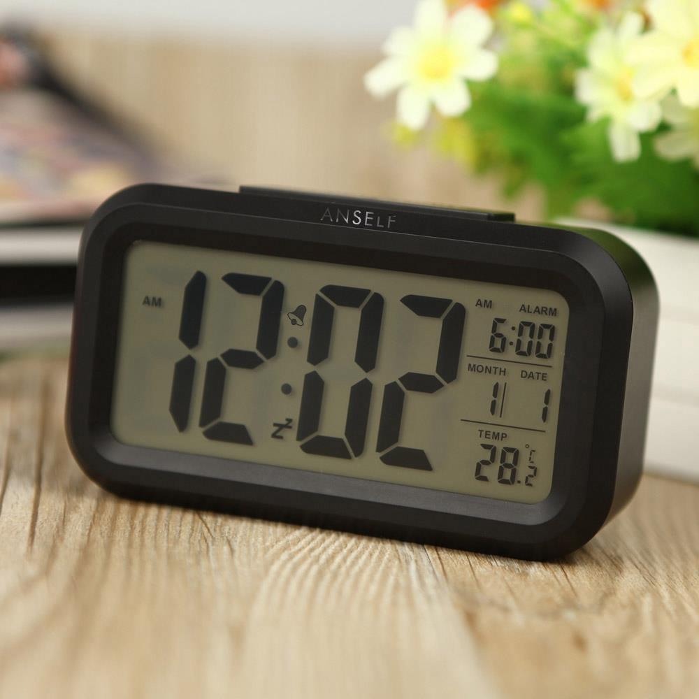 LED Electronic Photosensitive Clock With Night Light Temperature Display - Black