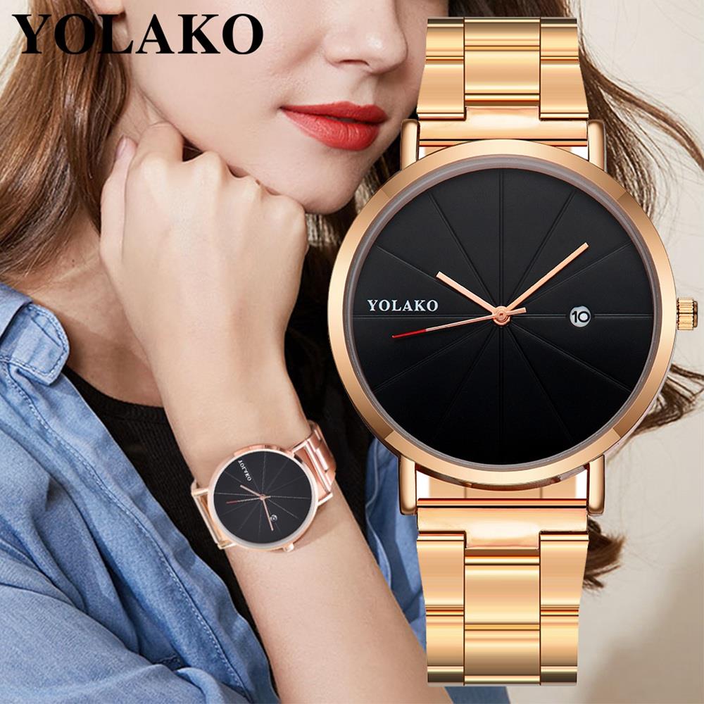 YOLAKO YK122 Casual Quartz Watch Stainless Steel Strap - Black + Rose Gold
