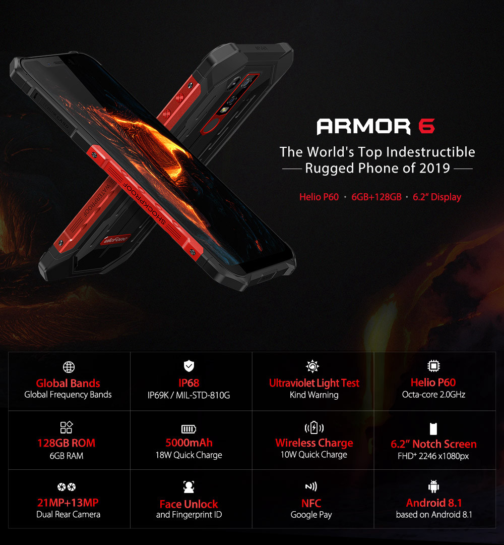 Ulefone Armor 6 6.2 Inch 4G LTE Smartphone Helio P60 6GB 128GB 21.0MP+13.0MP Dual Rear Cameras Android 8.1 IP68 NFC Wireless Charge - Red