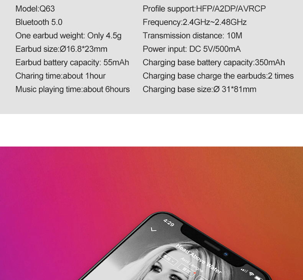 OVEVO Q63 TWS Bluetooth 5.0 Earbuds About 6 Hours Working Time IPX5 Water Resistant - Black