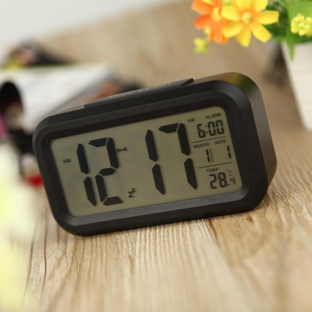 LED Electronic Photosensitive Clock With Night Light Temperature Display - Black