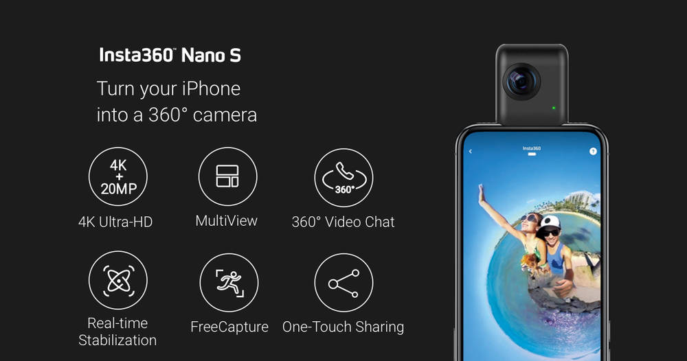 Insta360 Nano S 4K Video 20 Megapixel Photos 360 Degree Real-time Dialogue Motion Sport Camera - Black