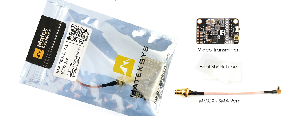 Matek Systems VTX-HV 5.8G 40CH 25/200/500mW Switchable Video Transmitter with 5V/1A BEC for FPV Racing Drone
