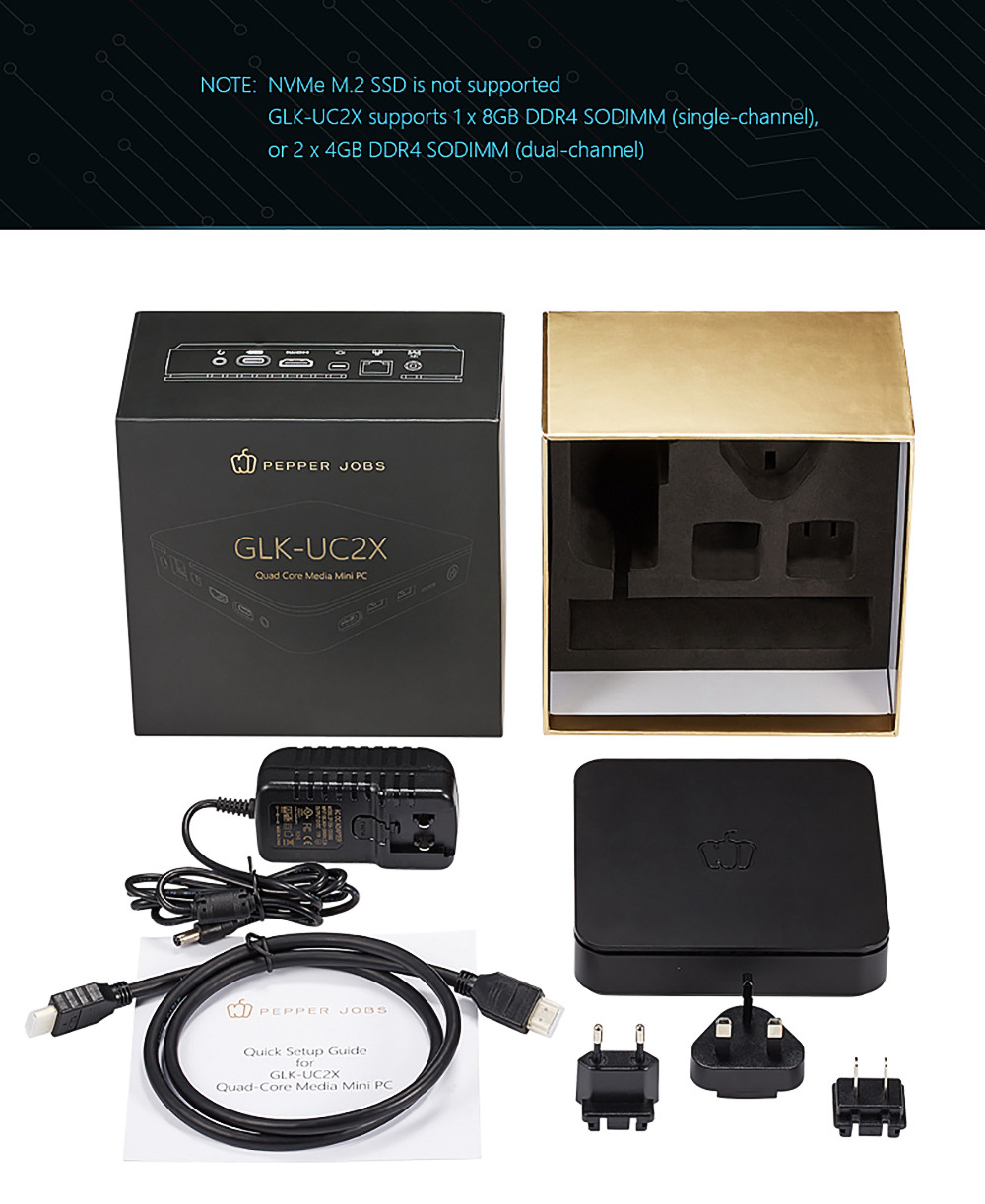 Pepper Jobs GLK-UC2X Intel Gemini Lake N4100 Windows 10 License 4GB DDR4 64GB eMMC Mini PC Triple 4K 60Hz Output Dual Band WiFi Gigabit LAN Bluetooth USB3.0x2 HDMI