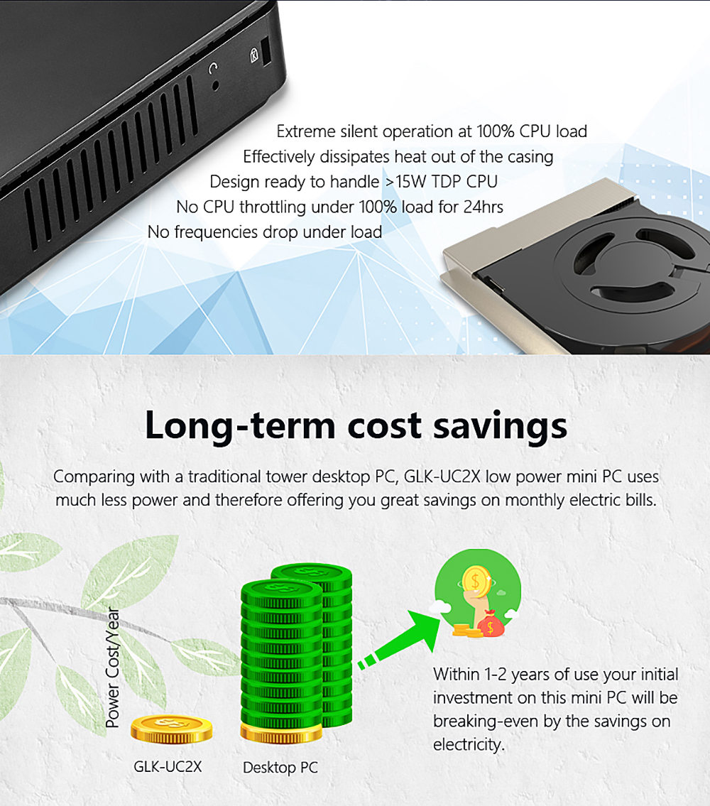 Pepper Jobs GLK-UC2X Intel Gemini Lake N4100 Windows 10 License 4GB DDR4 64GB eMMC Mini PC Triple 4K 60Hz Output Dual Band WiFi Gigabit LAN Bluetooth USB3.0x2 HDMI