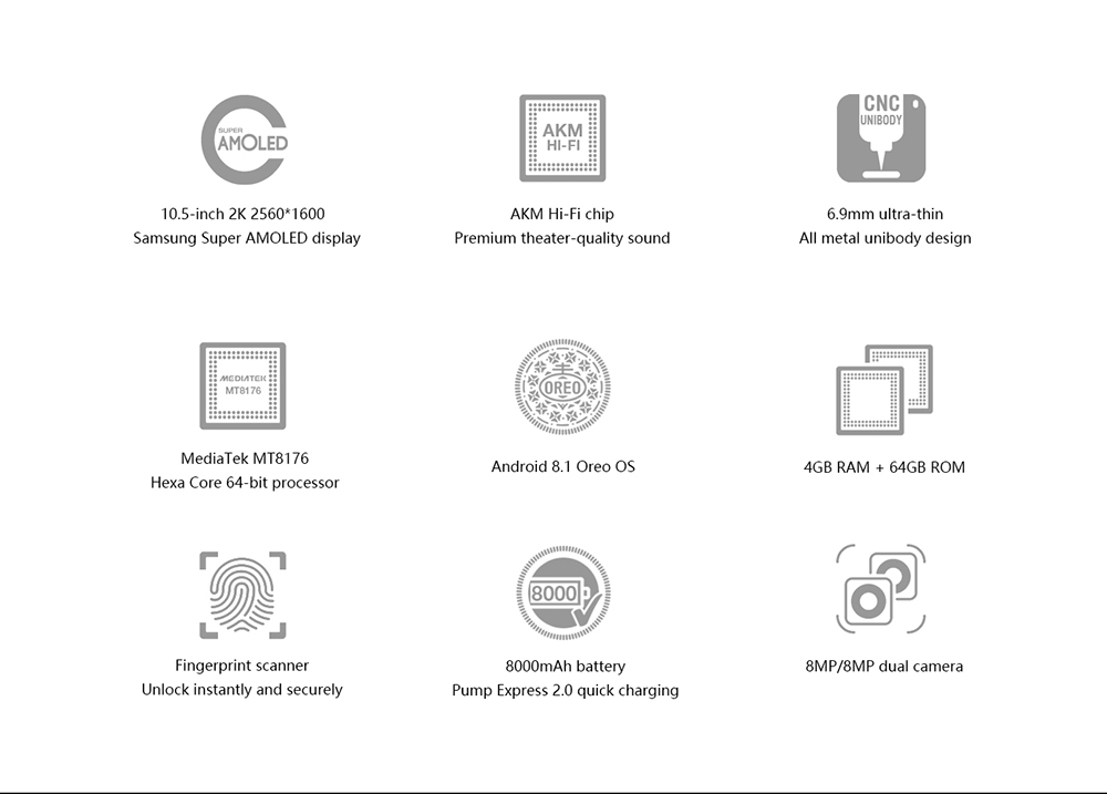 ALLDOCUBE Cube X Tablet PC MTK8176 Hexa Core 10.5" 2K Screen 2560*1600 Android 8.1 Fingerprint Unlock 8000mAh 4GB RAM 64GB ROM - Silver
