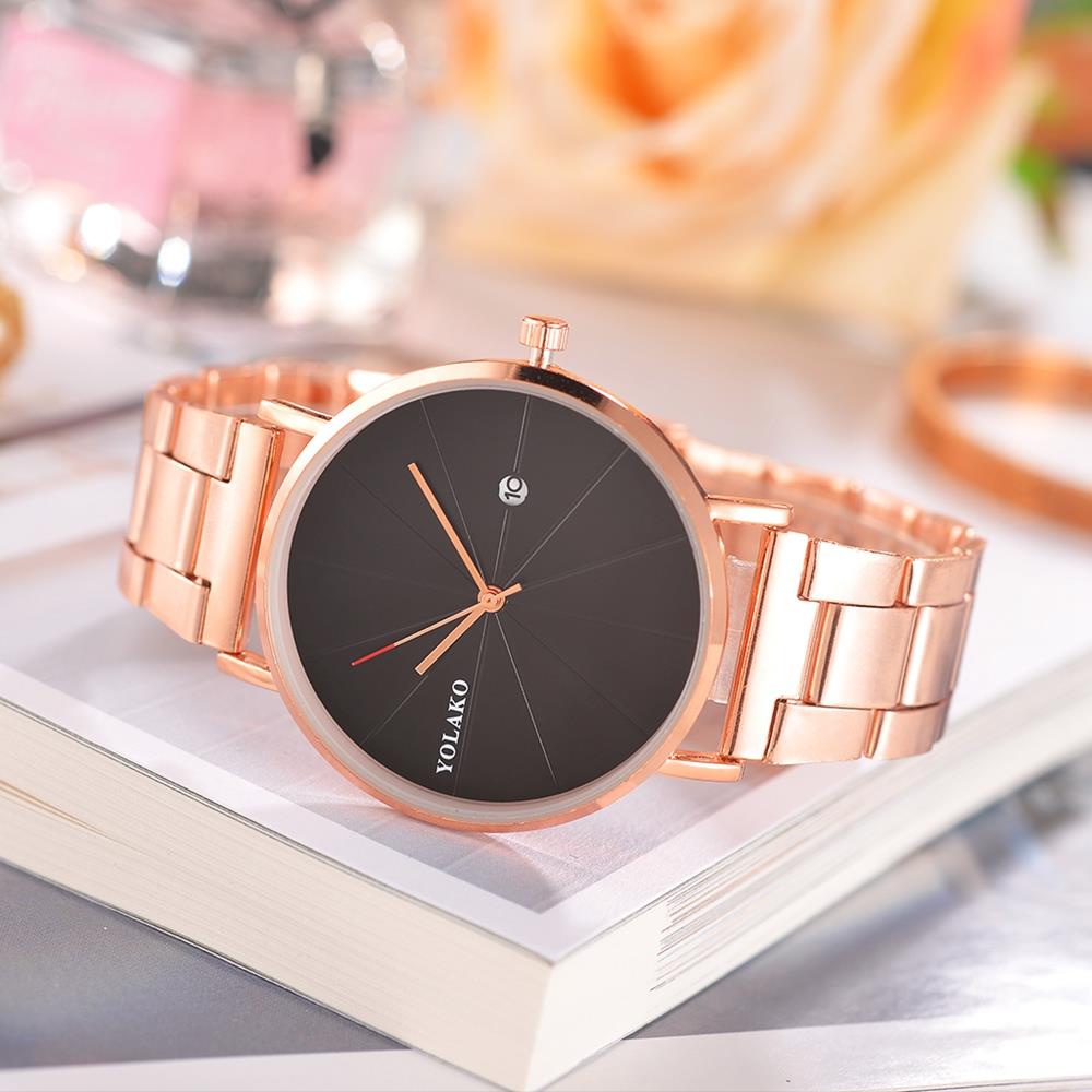 YOLAKO YK122 Casual Quartz Watch Stainless Steel Strap - Black + Rose Gold