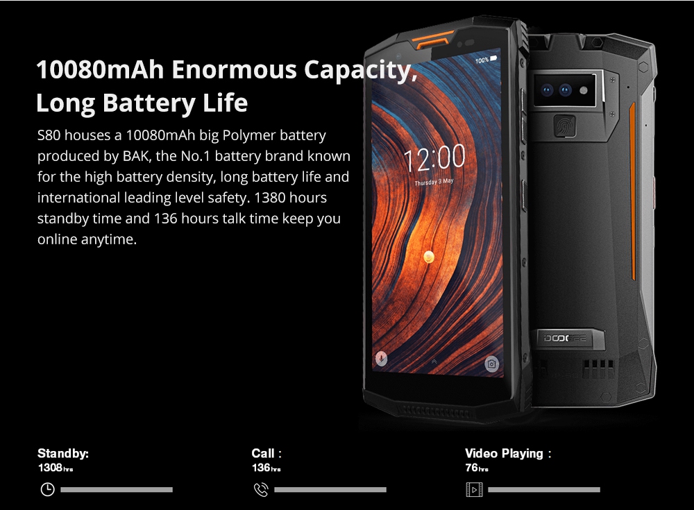DOOGEE S80 5.99 Inch 4G LTE Smartphone Helio P23 6GB 64GB 12.0MP+5.0MP Dual Rear Cameras Android 8.1 IP68 Walkie Talkie NFC 10080mAh - Black