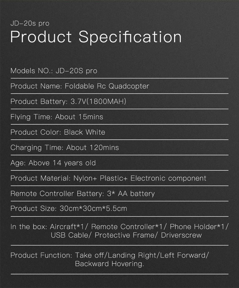 JDRC JD-20S PRO WIFI FPV Foldable RC Drone With 1080P Wide-angle HD Camera Flying Time 18mins RTF - Black