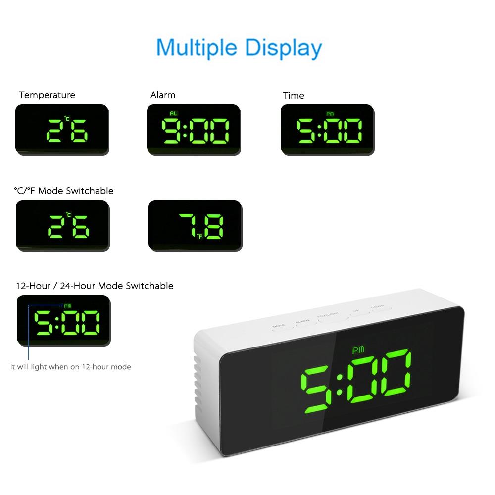 Rectangular LED Mirror Alarm Clock Green