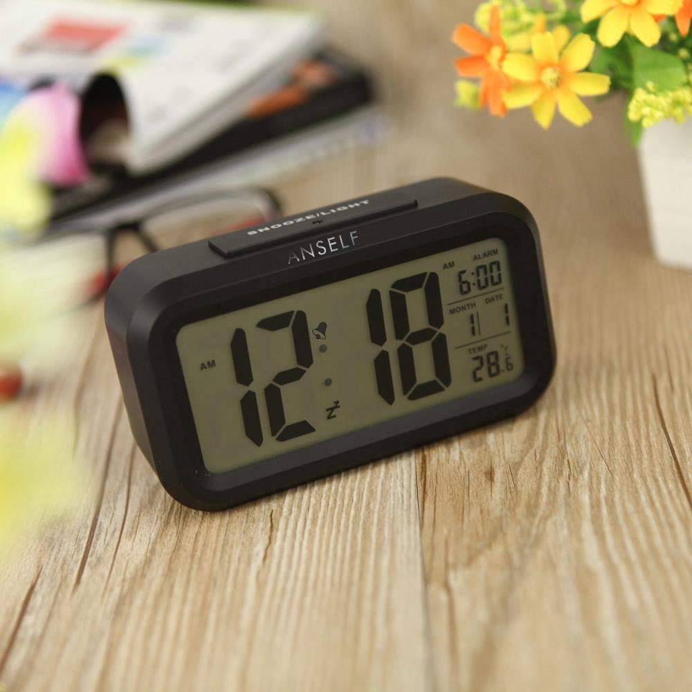 LED Electronic Photosensitive Clock With Night Light Temperature Display - Black
