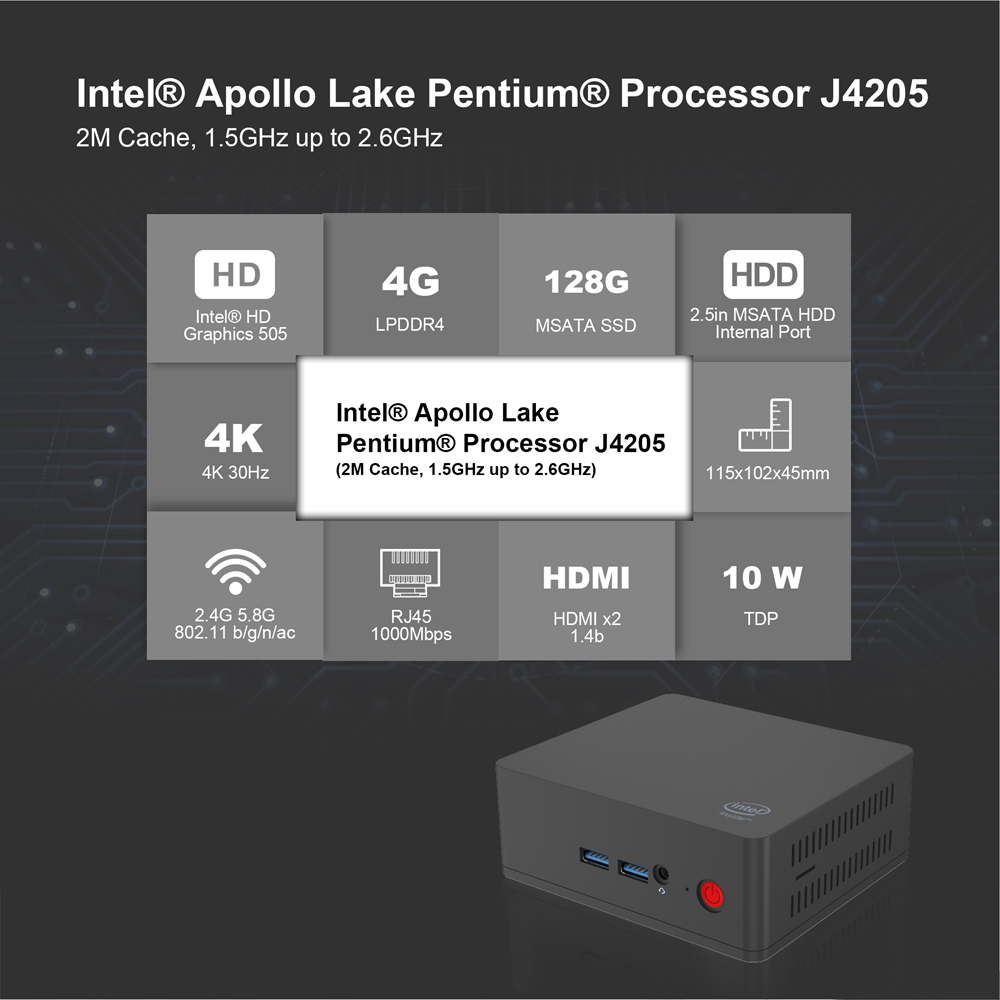 AP45 Intel Apollo Lake J4205 4GB DDR4 128GB  mSATA SSD Windows 10 Mini PC Dual Band WiFi Bluetooth Gigabit LAN USB3.0*4 HDMI*2 2.5 inch HDD Bay