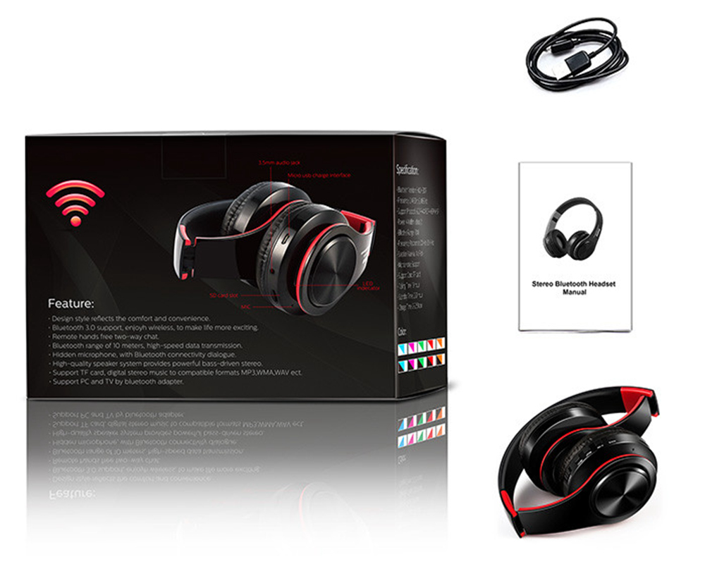 M3 Foldable Wireless Bluetooth Headphones Stereo Sound Support TF Card FM - Red + Black