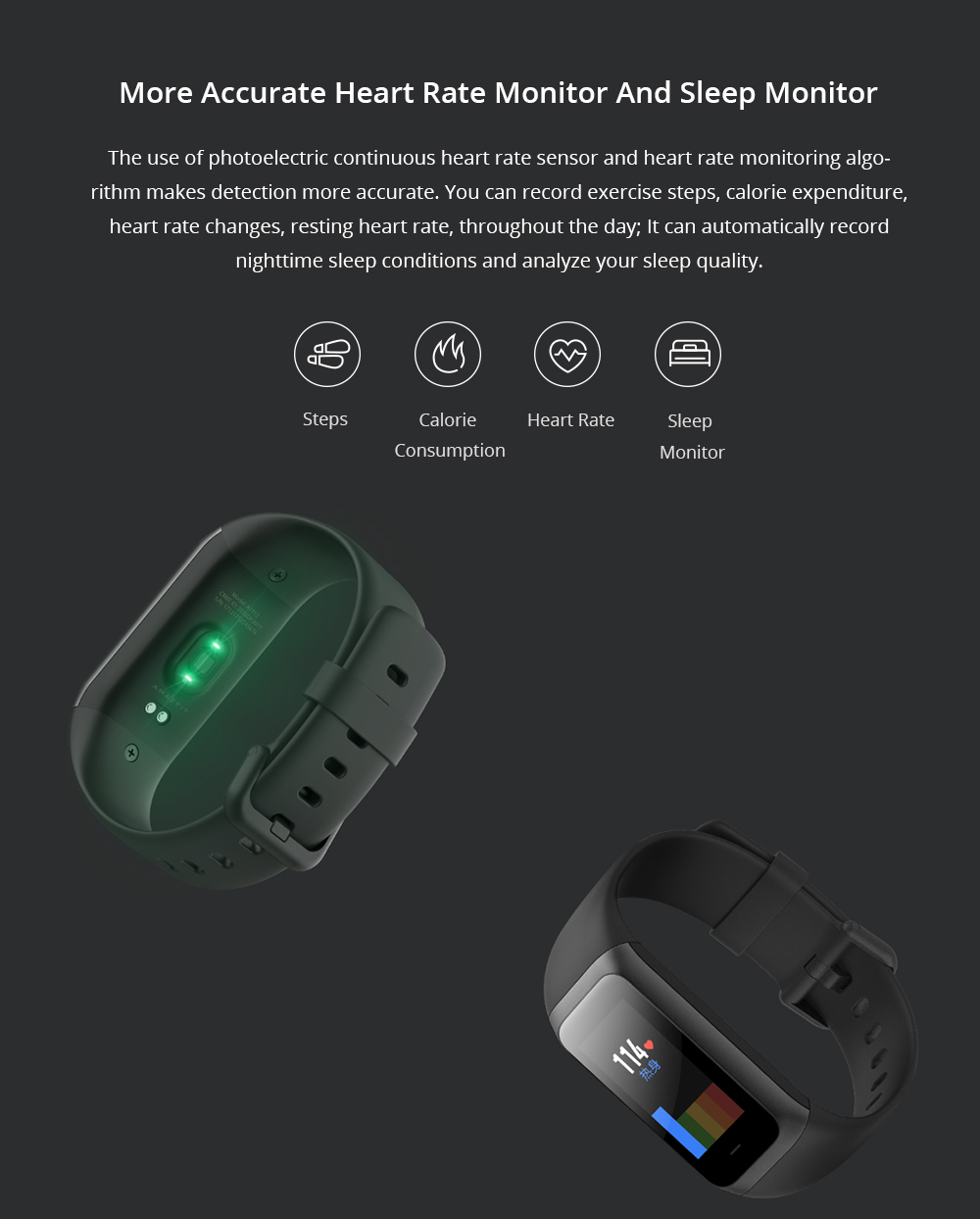 Original Xiaomi Huami Amazfit Cor 2 Smart Bracelet 2.5D Color IPS Touch Screen 1.23 Inch English Version 5ATM Water Resistant  - Black