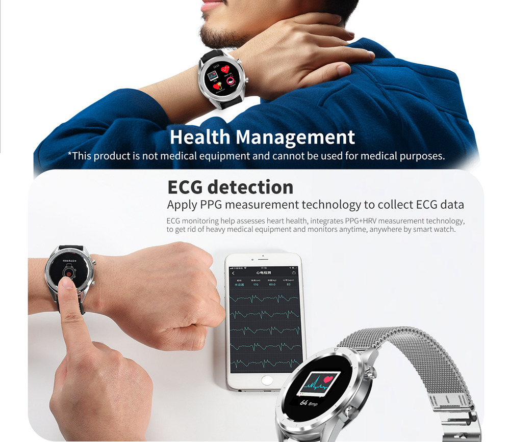 NO.1 DT28 Smart Watch 1.54 Inch TFT Screen Heart Rate Monitor ECG Blood Pressure Bluetooth4.2 IP68 Silicone Strap - Black