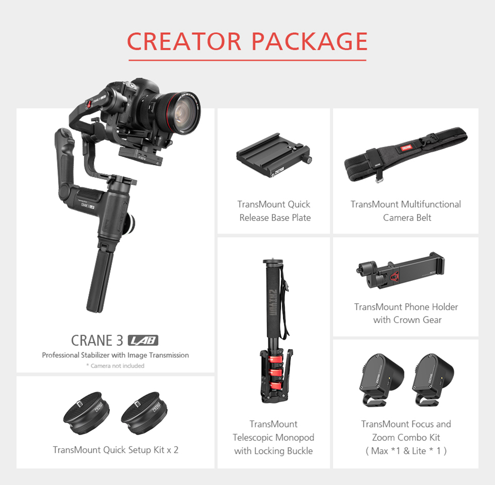 Zhiyun Crane 3 LAB 3-Axis Wireless FHD Brushless Handheld Gimbal Stabilizer for DSLR Camera - Creator Version