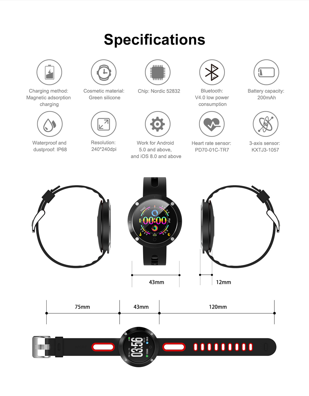 Makibes DM58 Plus Smart Watch 1.22 Inch IPS Screen Heart Rate Monitor Health Tracker IP68 - Black