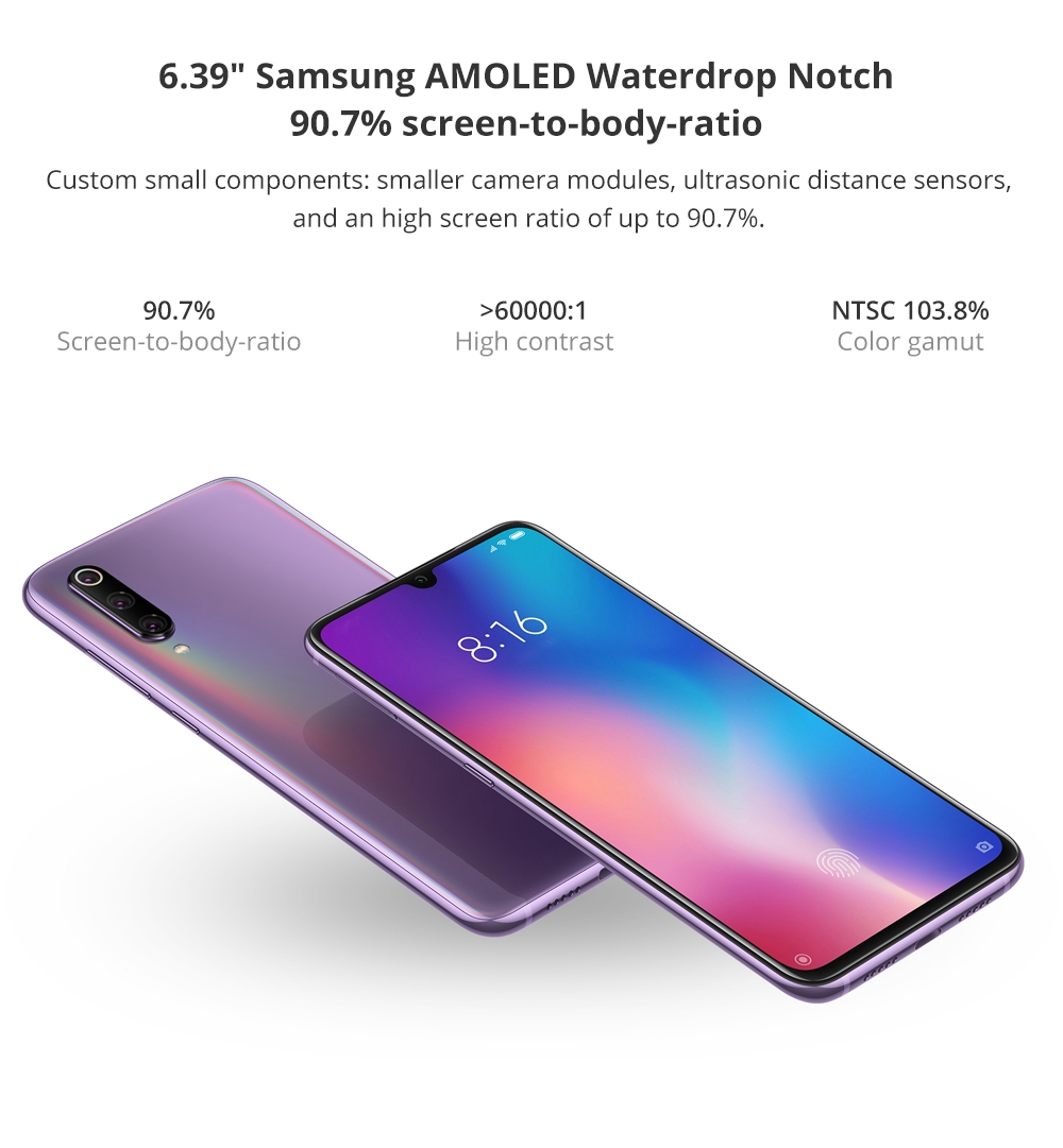 Xiaomi Mi 9 6.39 Inch 4G LTE Smartphone Snapdragon 855 6GB 128GB 48.0MP+12.0MP+16.0MP Triple Rear Cameras MIUI 10 In-display Fingerprint NFC Fast Charge - Purple