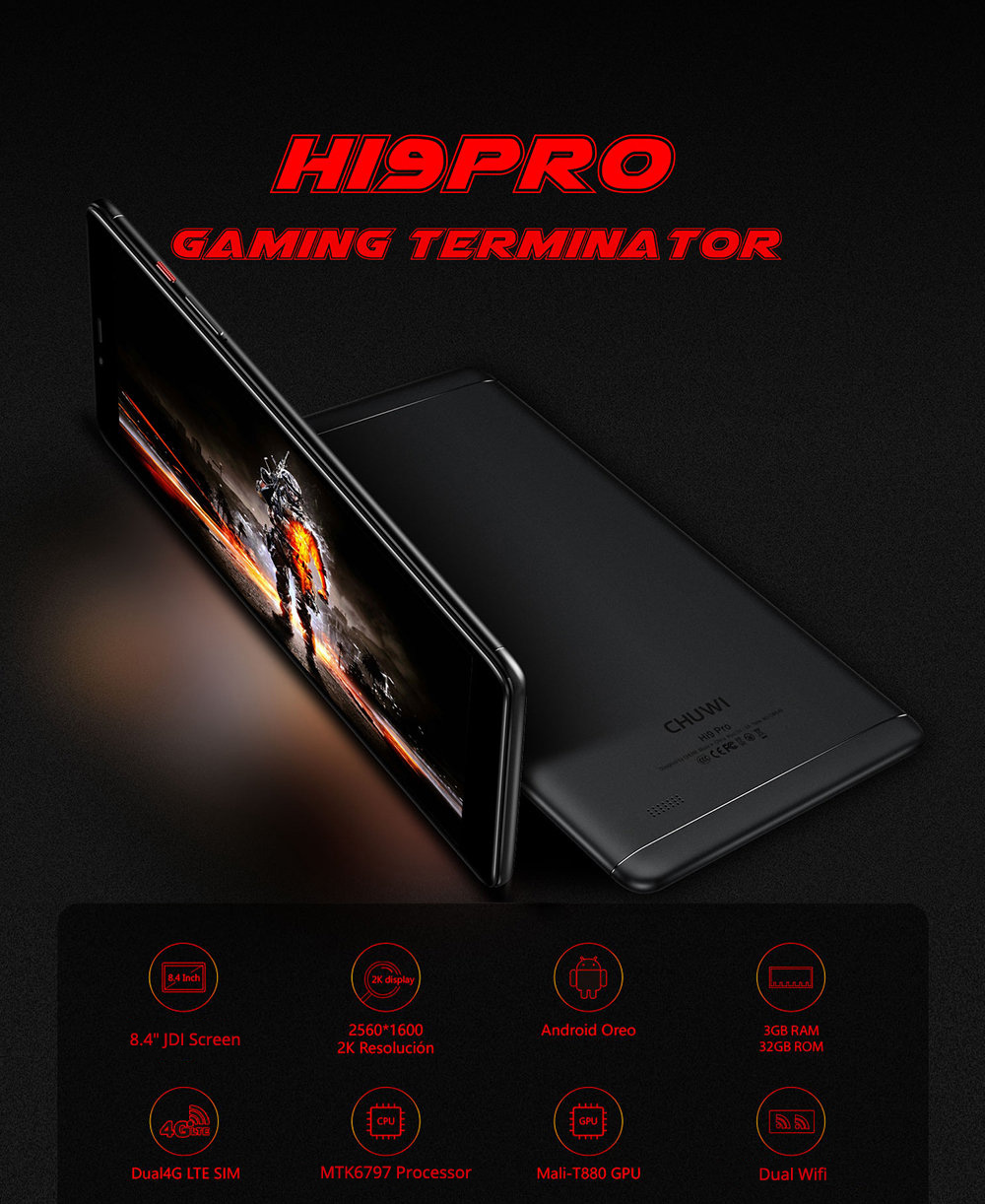 Chuwi Hi9 Pro 4G LTE Phablet MTK6797 Deca Core 8.4" IPS 2K 2560*1600 3GB RAM 32GB ROM Android 8.0 Dual SIM Dual Standby Built-in GPS GLONASS - Black