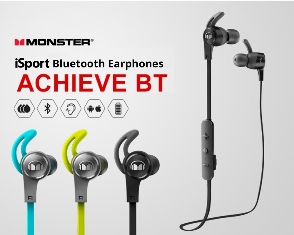 MONSTER iSport Achieve Bluetooth Earphones Water Resistant Noise Reduction - Blue