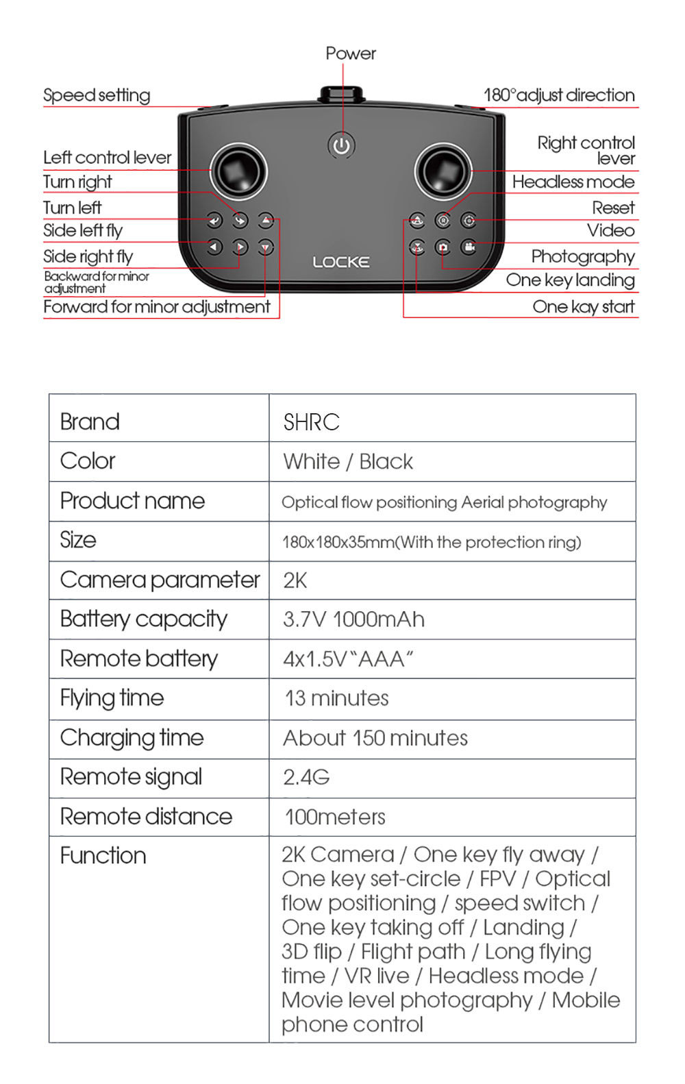 SHRC H2 Locke 2K WIFI FPV RC Quadcopter RTF Black