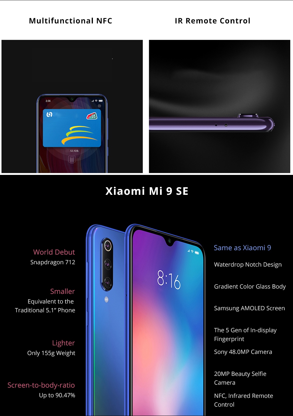 Xiaomi Mi 9 SE 5.97 Inch 4G LTE Smartphone Snapdragon 712 6GB 128GB 48.0MP+8.0MP+13.0MP Triple Rear Cameras MIUI 10 In-display Fingerprint NFC Fast Charge - Blue