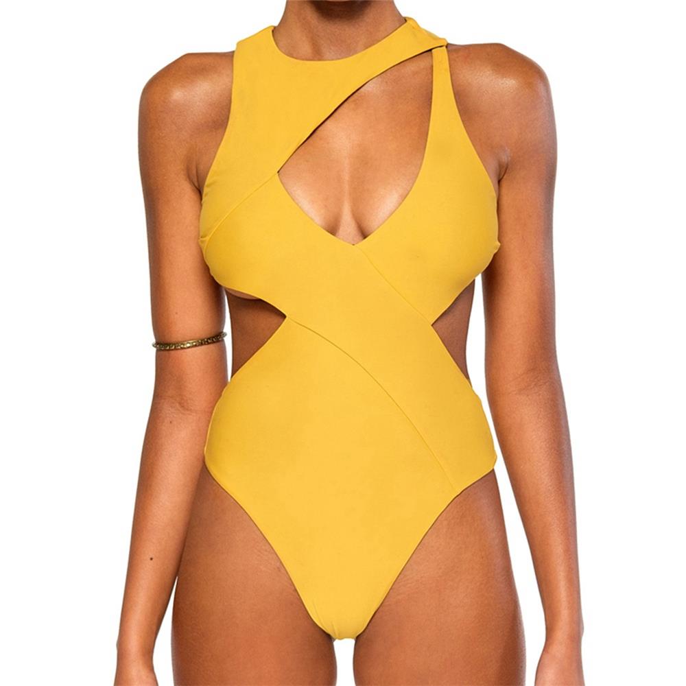 BK81 Women Sexy Irregular One-piece Tight Swimsuit Size S - Yellow