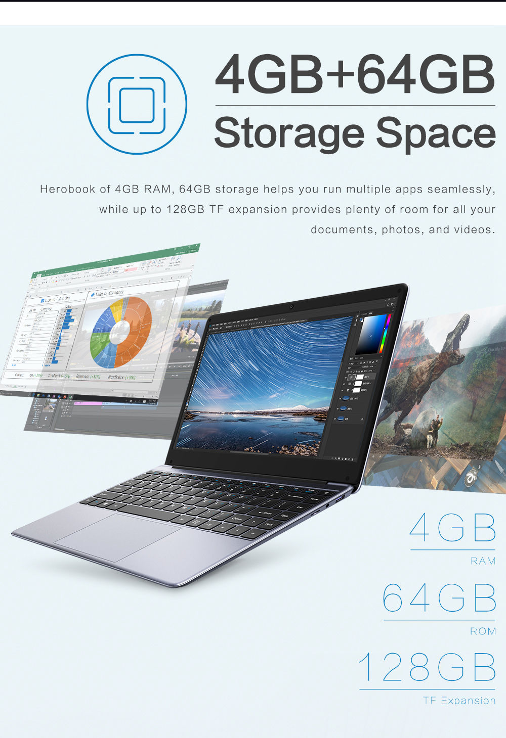 Chuwi HeroBook Laptop Intel Atom x5-E8000 Quad Core 14.1 Inch 1366x768 4GB RAM 64GB ROM Windows 10 - Grey