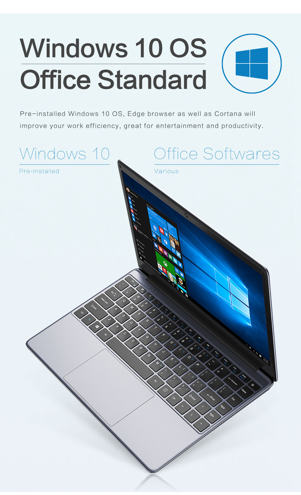 Chuwi HeroBook Laptop Intel Atom x5-E8000 Quad Core 14.1 Inch 1366x768 4GB RAM 64GB ROM Windows 10 - Grey