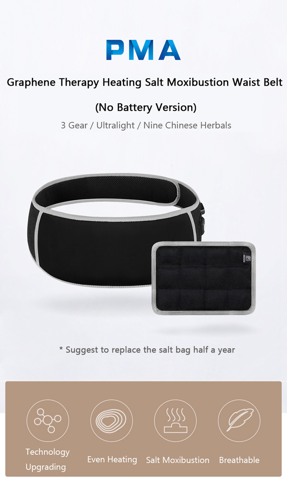 Xiaomi F10 PMA Graphene Therapy Heating Salt Moxibustion Waist Belt 3 Modes Ultralight Body Heater Massager - Grey