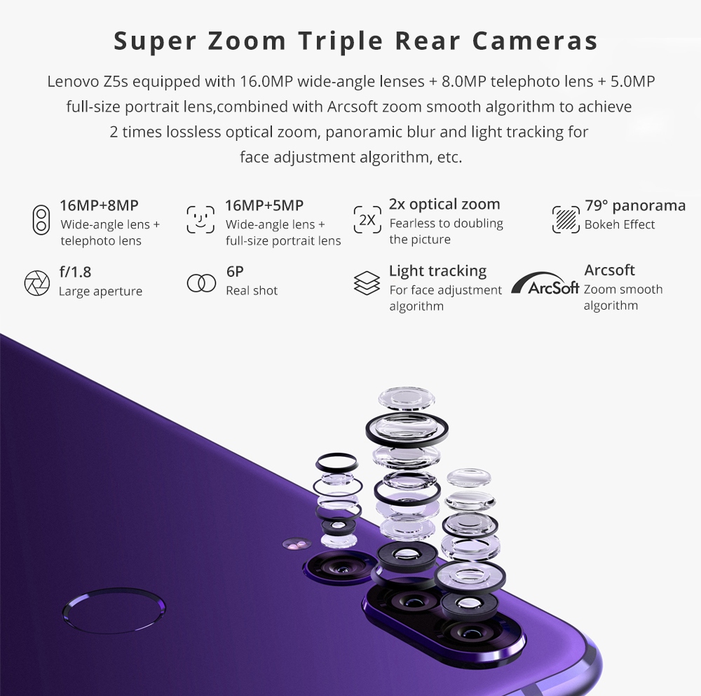 Lenovo Z5S 6.3 Inch 4G LTE Smartphone Snapdragon 710 4GB 64GB 16.0MP+8.0MP+5.0MP Triple Rear Cameras ZUI 10 Touch ID Quick Charge - Grey