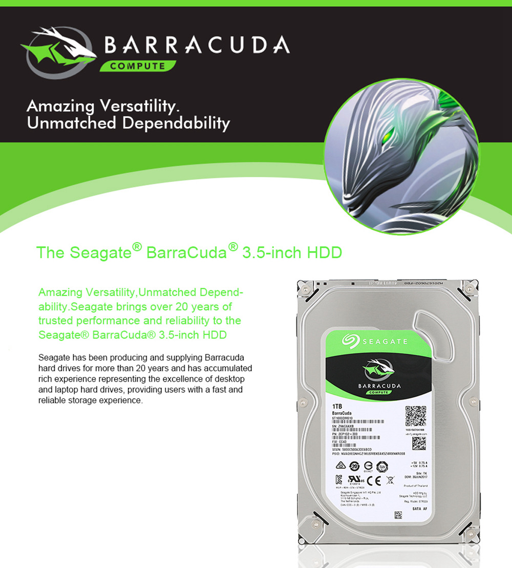Seagate BarraCuda ST1000DM010 1TB Desktop HDD Internal Hard Drive 3.5 Inch 7200 RPM SATA 6Gb/s 64MB Cache Memory - Silve