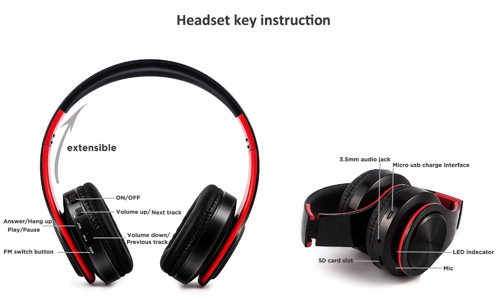 M3 Foldable Wireless Bluetooth Headphones Stereo Sound Support TF Card FM - Red + Black