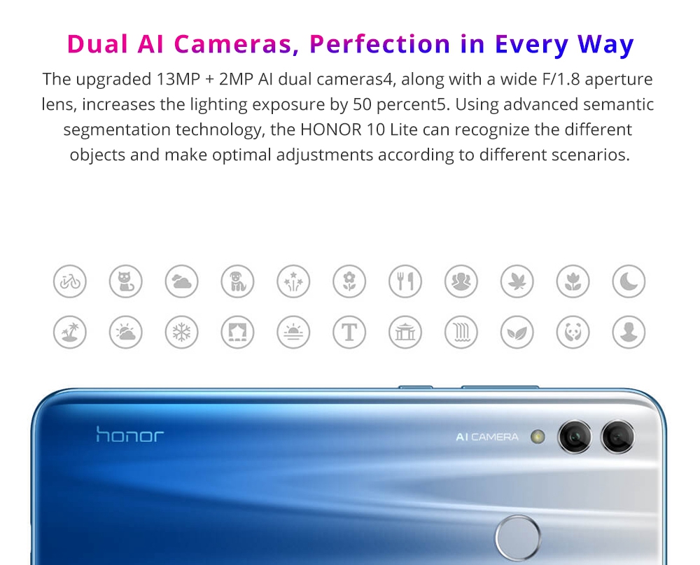 HUAWEI Honor 10 Lite 6.21 Inch 4G LTE Smartphone Kirin 710 3GB 64GB 13.0MP+2.0MP Dual Rear Cameras Android 9.0 Touch ID Global Version - Blue