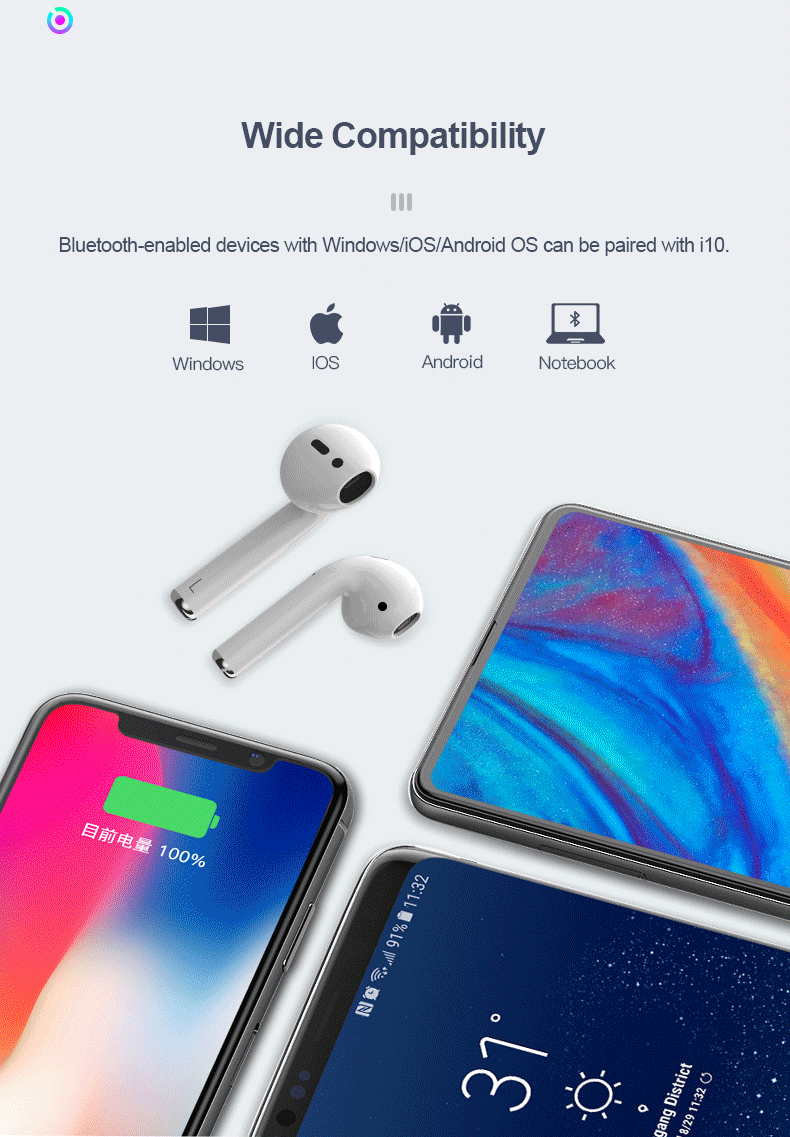 i10 TWS Bluetooth 5.0 Earbuds Tap Control Automatically Pairing Stereo Sound - White