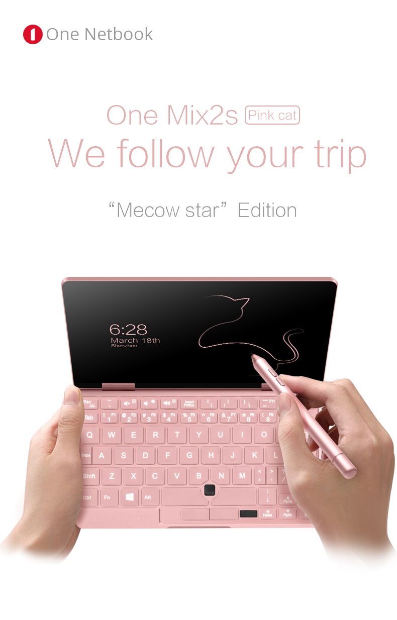 One Netbook One Mix 2S Yoga Pocket Laptop Intel Core M3-8100Y Dual Core Touch ID 7" IPS Screen 1920*1200 Windows 10 8GB DDR3 256GB PCI-E SSD - Pink