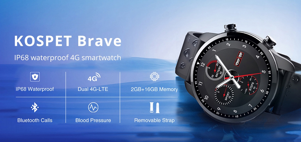 KOSPET Brave 4G Smartwatch Phone Android 6.0 MTK6737 Quad Core 2G RAM 16G ROM 1.3 Inch Touch Screen IP68 Heart Rate Monitor - Black