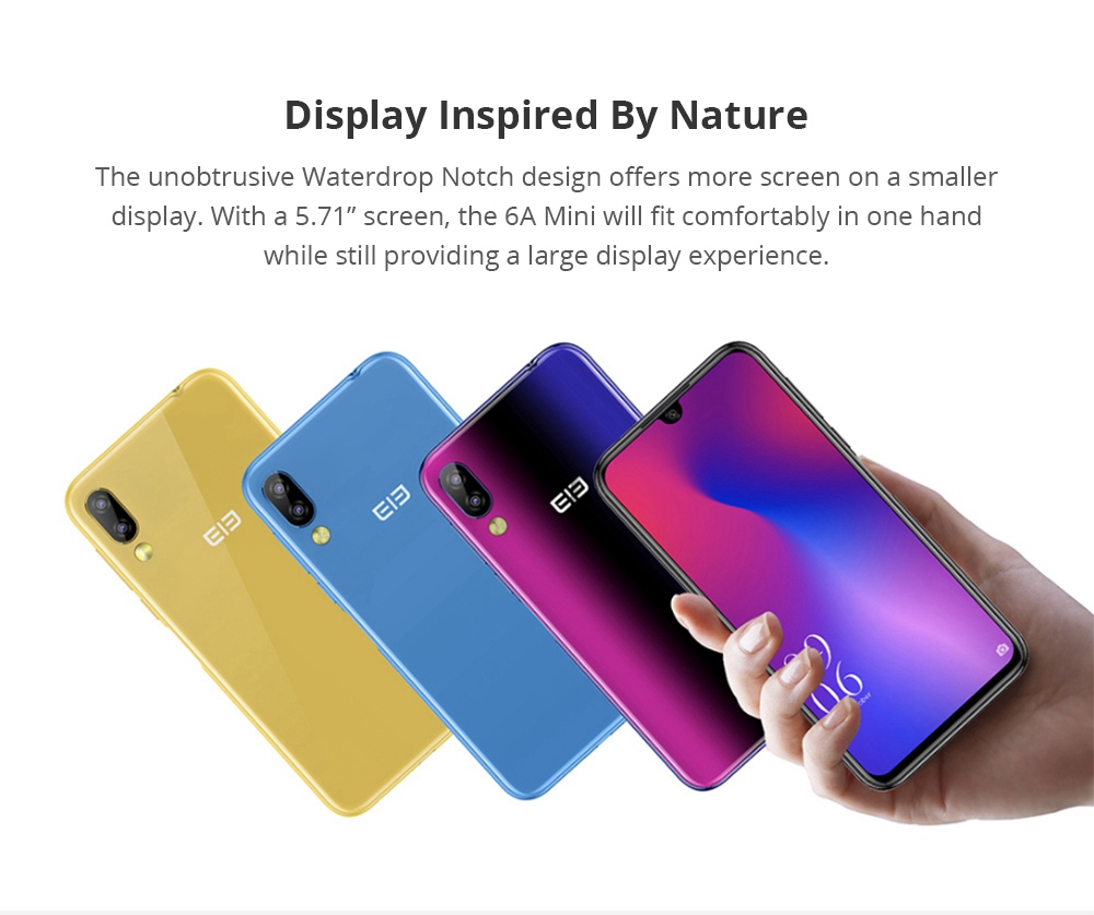 Elephone A6 Mini 5.71 Inch 4G LTE Smartphone MT6761 4GB 32GB 16.0MP+2.0MP Dual Rear Cameras Android 9.0 Face ID Fast Charge - Blue