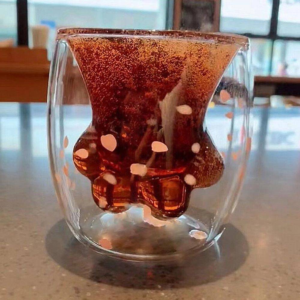 3D Cat Paw Cups Shaped Double-walled Vessel Claw Glass Mug - Transparent