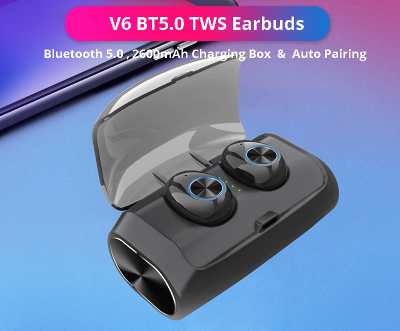 V6 TWS Bluetooth 5.0 Earbuds 2600mAh Support Charging for Phones About 5 Hours Working Time Noise Reduction - Black