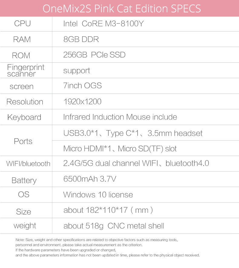 One Netbook One Mix 2S Yoga Pocket Laptop Intel Core M3-8100Y Dual Core Touch ID 7" IPS Screen 1920*1200 Windows 10 8GB DDR3 256GB PCI-E SSD - Pink