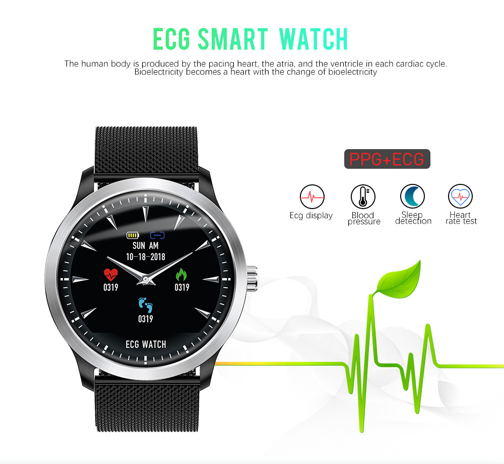 Makibes BR4 Smart Watch 1.22 Inch TFT Screen ECG PPG Measurement Heart Rate Blood Pressure Sleep Monitor IP67 - Black