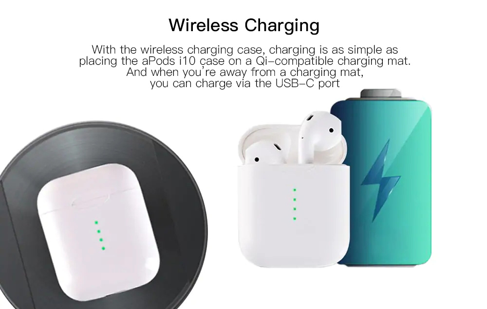 Apods i10 Bluetooth 5.0 TWS Earbuds Wireless Charging Realtek 8763BFR Bilateral Call 4 Hours Working Time Stereo Sound - White