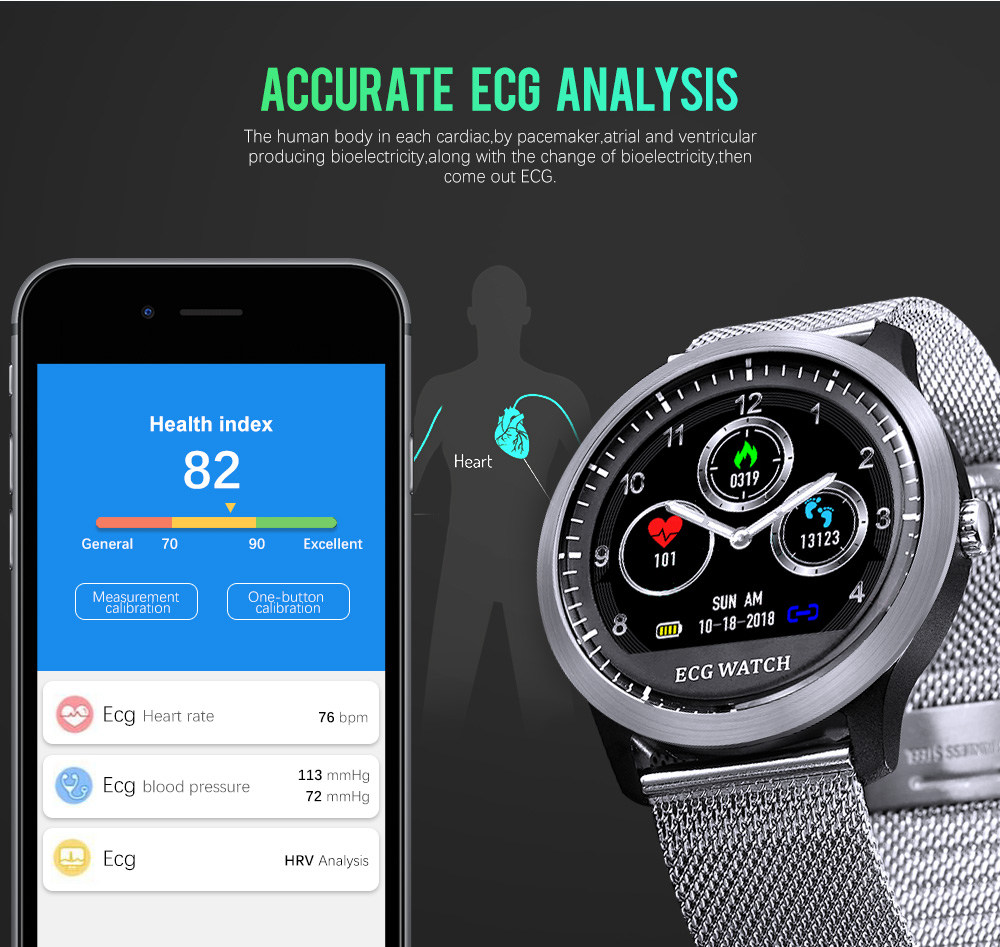 Makibes BR4 Smart Watch 1.22 Inch TFT Screen ECG PPG Measurement Heart Rate Blood Pressure Sleep Monitor IP67 - Black