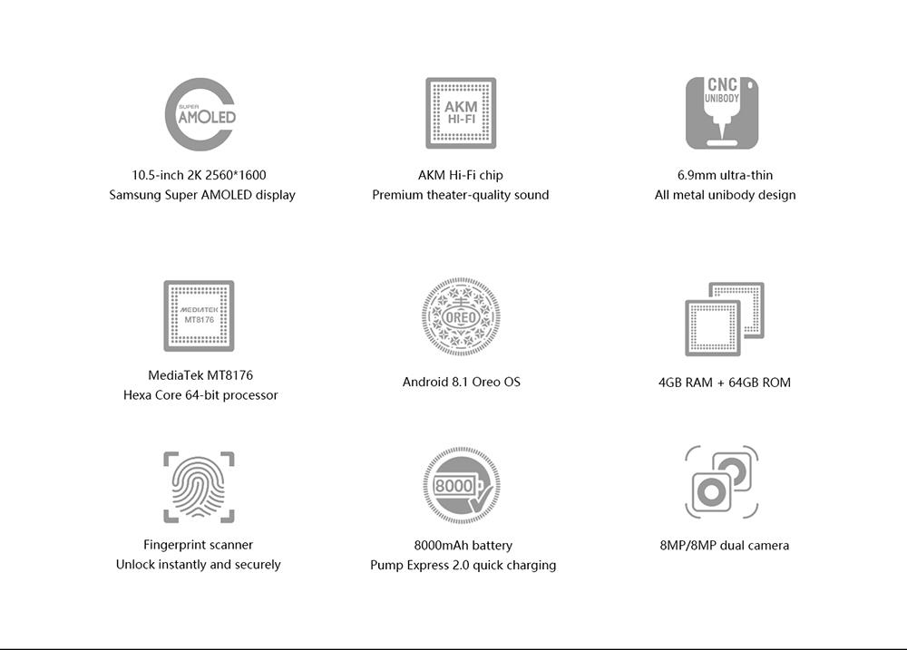 ALLDOCUBE Cube X Tablet PC MTK8176 Hexa Core 10.5" 2K Screen 2560*1600 Android 8.1 Fingerprint Unlock 8000mAh 4GB RAM 128GB ROM - Silver