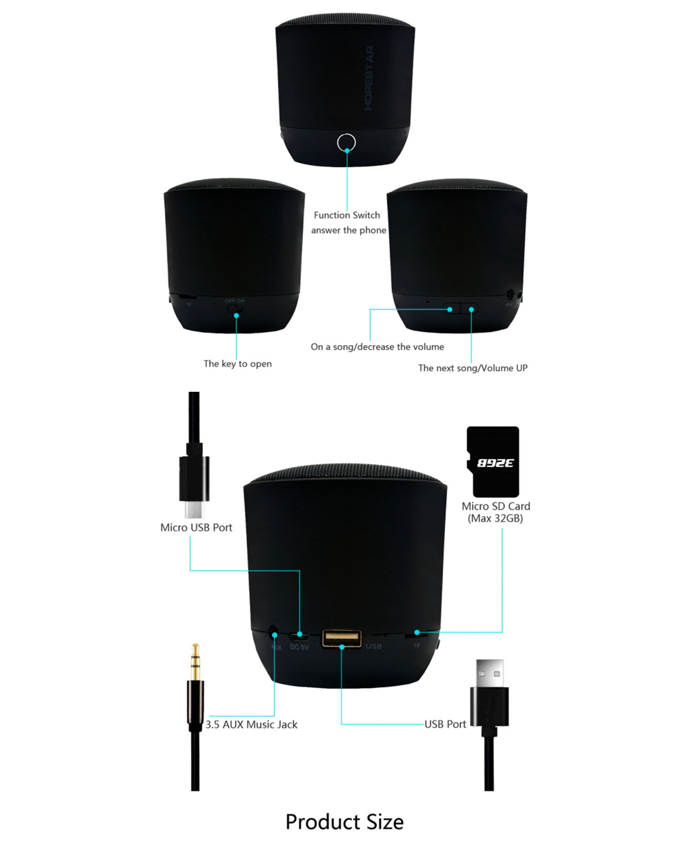 Hopestar H9 Portable Bluetooth Speaker Super Bass Micro SD Slot - Black