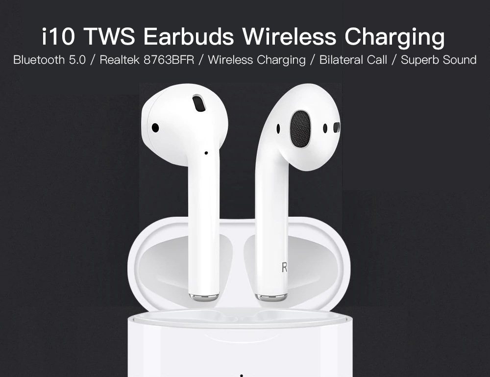 Apods i10 Bluetooth 5.0 TWS Earbuds Wireless Charging Realtek 8763BFR Bilateral Call 4 Hours Working Time Stereo Sound - White
