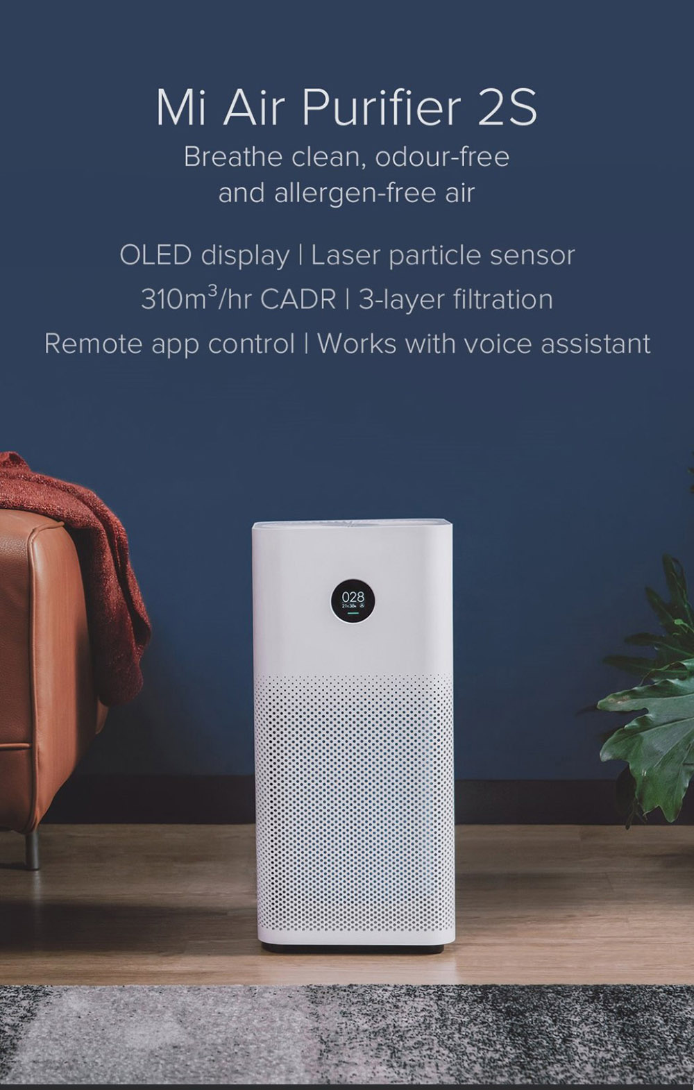 Xiaomi Mi Air Purifier 2S OLED Display Air Quality PM 2.5 Monitor 10min Circulation 360 Degree Ventilate Global Version - White